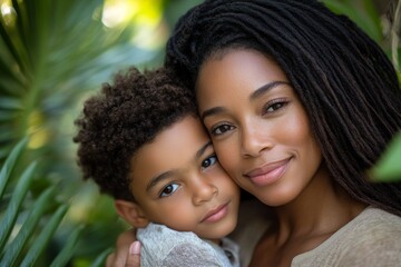 Fototapeta premium A mother embraces her son, both smiling gently, surrounded by lush green foliage in a warm, natural setting