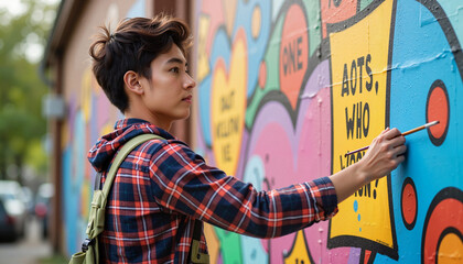 Fototapeta premium Young person painting a colorful mural on a city wall