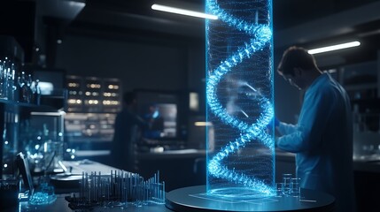 Innovative laboratory setting with human DNA hologram and collaborative discussion among scientists.