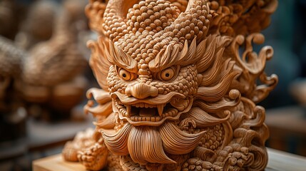 Fototapeta premium Intricate Wooden Carving Of A Mythical Dragon