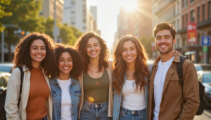 Fototapeta premium Group of friends smiling together on city street at sunset