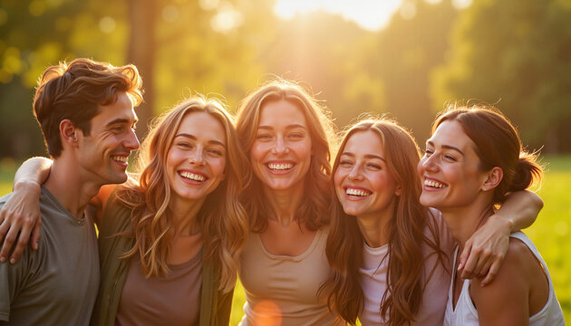 Group of friends smiling joyfully in a sunlit park