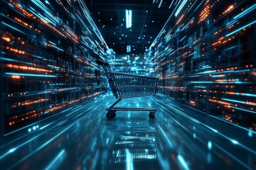 Futuristic smart retail solutions  a shopping cart in a data driven environment with glowing lines