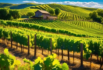 Naklejka premium colorful vineyard landscape featuring rows lush vines rustic wine barrels under bright blue skies, colors, contrast, crops, earth, fields, fruit, grape