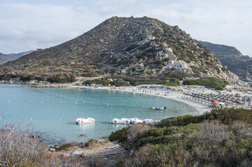 Villasimius, italy - 09-03-2024: The beautiful beach of Punta Molentis in Villasimius with white sand and turquoise water