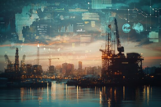 Double exposure of oil rigs and wall street financial graphs  a business industry concept