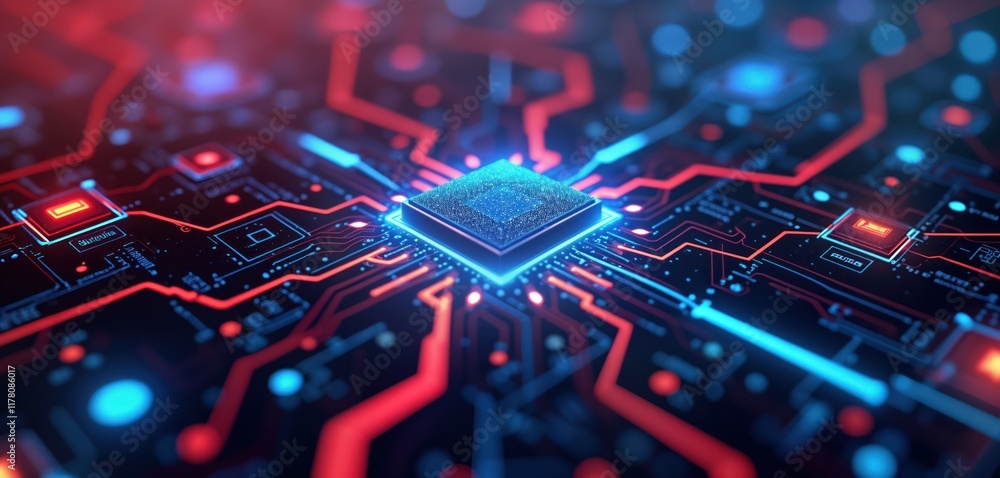 Poster Advanced tech circuit board with glowing central processor chip. Intricate network of connections, components. Futuristic abstract design. Illustrates advanced computer systems, digital networks.
