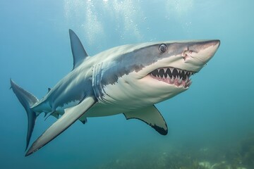 Fototapeta premium A shark swims in the ocean with its mouth open, capturing the moment in stunning detail
