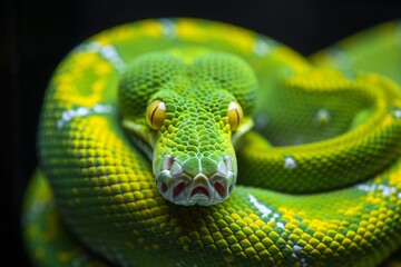 Fototapeta premium A vibrant green python rests coiled on a dark background, showcasing its striking scales and bright yellow markings in an enchanting display of nature's beauty