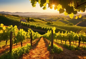 Naklejka premium lush vineyard landscape under golden sunlight featuring vibrant grape vines stretching across rolling hills bountiful foliage, grapes, fruit, harvest
