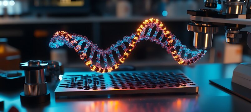 Advanced genetic research lab featuring a central holographic DNA model and collaborative scientists.