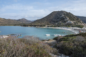 Villasimius, italy - 09-03-2024: The beautiful beach of Punta Molentis in Villasimius with white sand and turquoise water