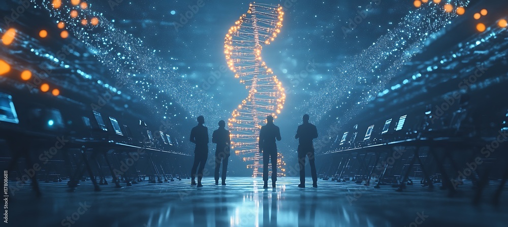Poster a futuristic lab with a glowing holographic dna model and scientists analyzing genetic data.
