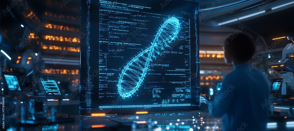 Poster a futuristic lab with a glowing holographic dna model and scientists analyzing genetic data.