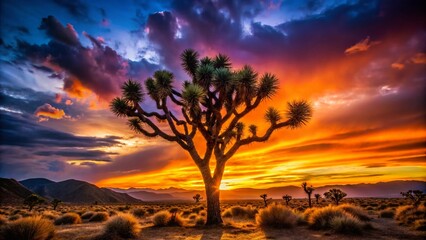 Silhouette of Joshua Tree at Sunset, Mojave Desert Landscape