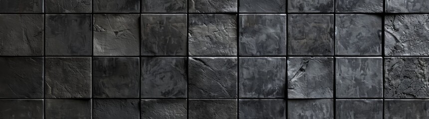 Naklejka premium Seamless grunge dark black anthracite grey gray square mosaic concrete cement stone wall tiles pattern texture wide background banner panoramic panorama