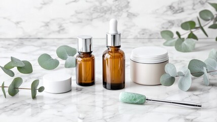 A minimalist flat lay of skincare products in amber glass bottles and a jade roller. Generative AI