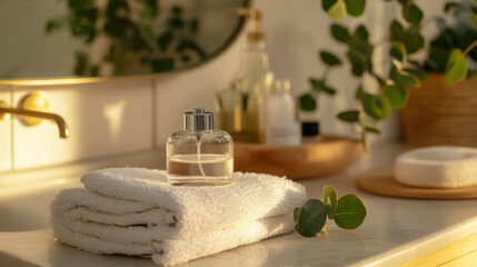 Elegant bathroom decor with probiotic perfume bottle and greenery accents