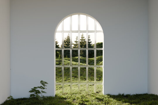 Conceptual Archway with Glass Bars Restricting Nature's Freedom