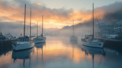 Fototapeta premium Sailboats at Dawn in a Misty Harbor