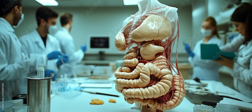 Poster human digestive system model in a science lab, surrounded by researchers taking precise measurements