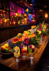 vibrant cocktail garnishes set backdrop dramatic nightlife scene featuring colorful lights trendy decor, mixology, beverage, refreshment, glass, bar