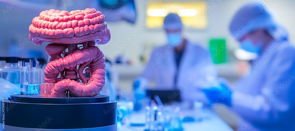 Poster human digestive system model in a science lab, surrounded by researchers taking precise measurements