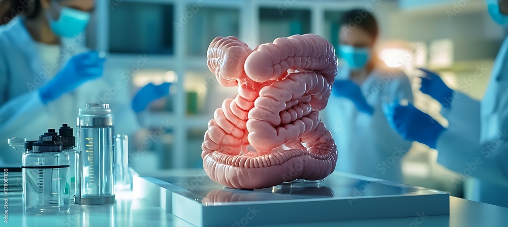 Poster laboratory research on a human digestive system model, with scientists observing, measuring, and stu