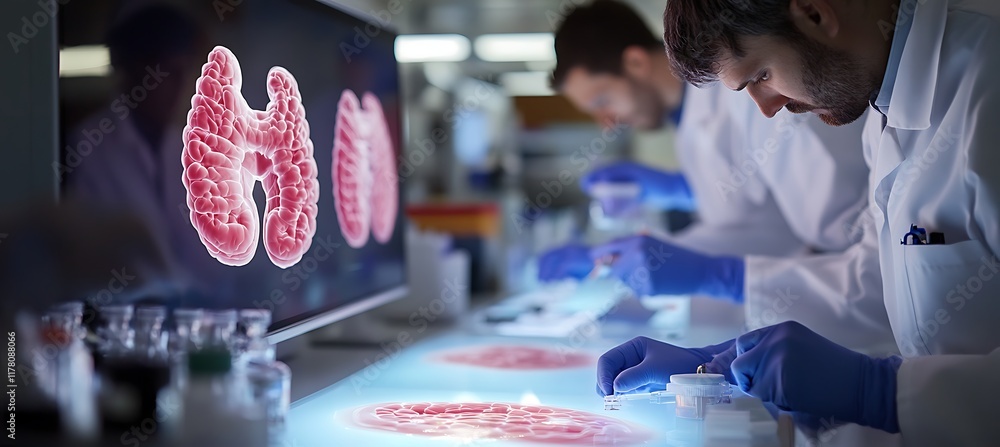 Poster modern lab showcasing a digestive system model, with scientists collaborating on new research