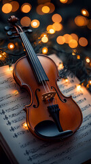 Fototapeta premium Violin on sheet music with warm lights.