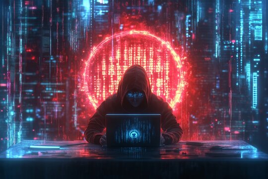 Hacker in hood at table with laptop and holographic padlock amidst cybersecurity symbols