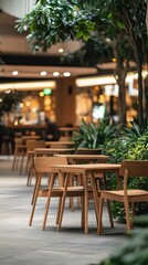 Obraz premium Wooden tables and chairs in a biophilic designed shopping mall food court.