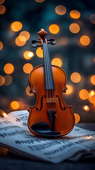 Violin on sheet music with bokeh lights.