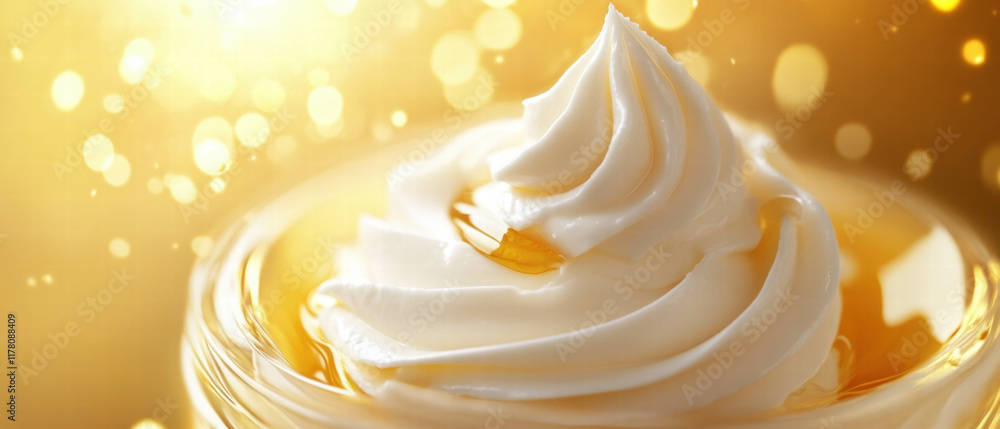 Poster swirling cream with honey creates an appealing display on a golden background
