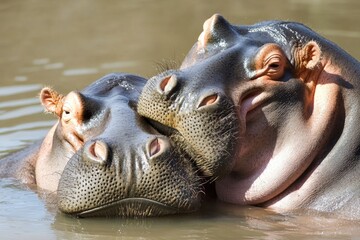Fototapeta premium A pair of hippos swimming in the water