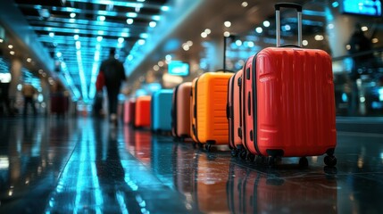 airport travel scene, stylish suitcases neatly arranged on a shiny floor in a lively airport lounge, with travelers in motion creating energy