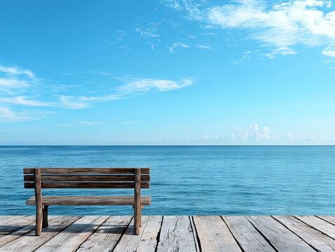 A wooden bench sitting on top of a wooden dock next to the ocean