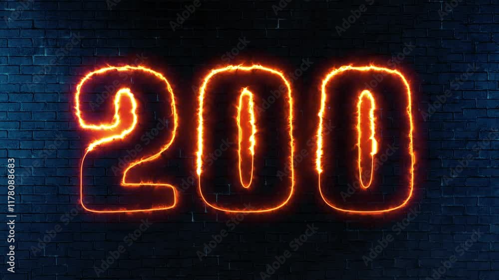 Aufkleber 200 text font with light. luminous and shimmering haze inside the letters of the text 200. 200 neon 