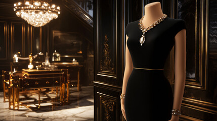 A sleek black dress paired with elegant heels and shimmering jewelry in a luxurious setting.