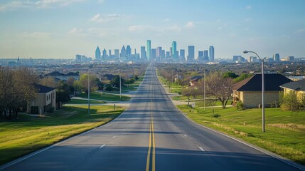 Highway, empty road to city with skyscraper buildings and modern houses. Two-lane asphalted way perspective view with street lamps and green field by sides, urban cityscape Cartoon vector illustration