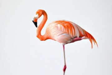 A single pink flamingo bird standing on a white surface