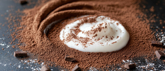 Swirls of cocoa powder and milk create an abstract art-like masterpiece on a dark background