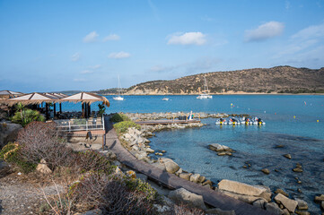 Villasimius, italy - 09-03-2024: The beautiful beach of Punta Molentis in Villasimius with white sand and turquoise water