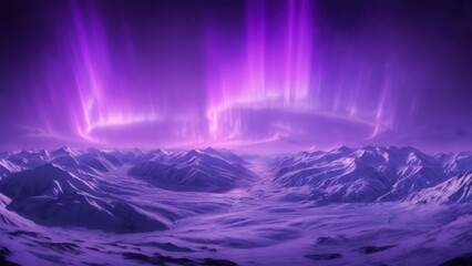 Bright purple aurora illuminates snowy mountains under night sky