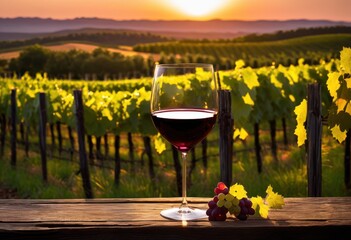 elegant close wine glass lush vineyard backdrop highlighting textures colors breathtaking wine country landscape, bottles, vineyards, grapes, harvests