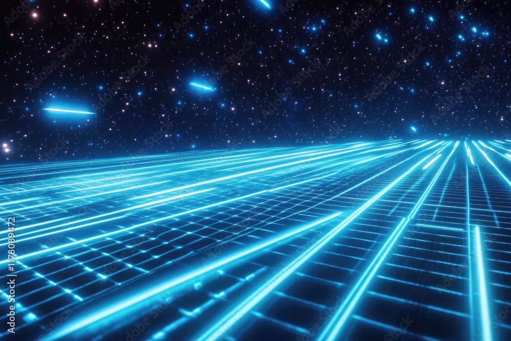 Poster a computer screen displaying glowing lines and stars in the background