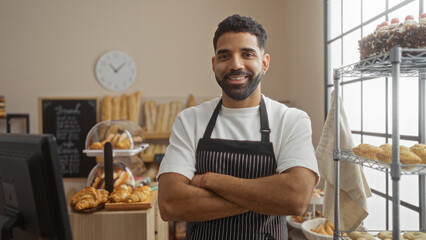 Young man in an apron stands with arms crossed inside a bakery filled with pastries and bread, smiling confidently in the bright indoor shop. © Krakenimages.com