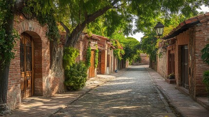 Obraz premium Medieval town street with old european buildings. Vector cartoon cityscape with vintage facade of houses with brick wall and wooden doors, trees, stone road and pavement