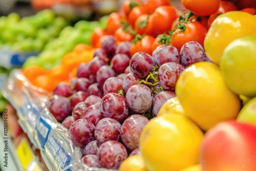 Poster colorful array of fruits and veggies in a store setting
