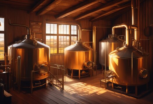 vibrant brewery scene featuring sparkling fermentation tanks lively elements rustic setting, brewing, craft, microbrewery, hops, barley, ale, lager